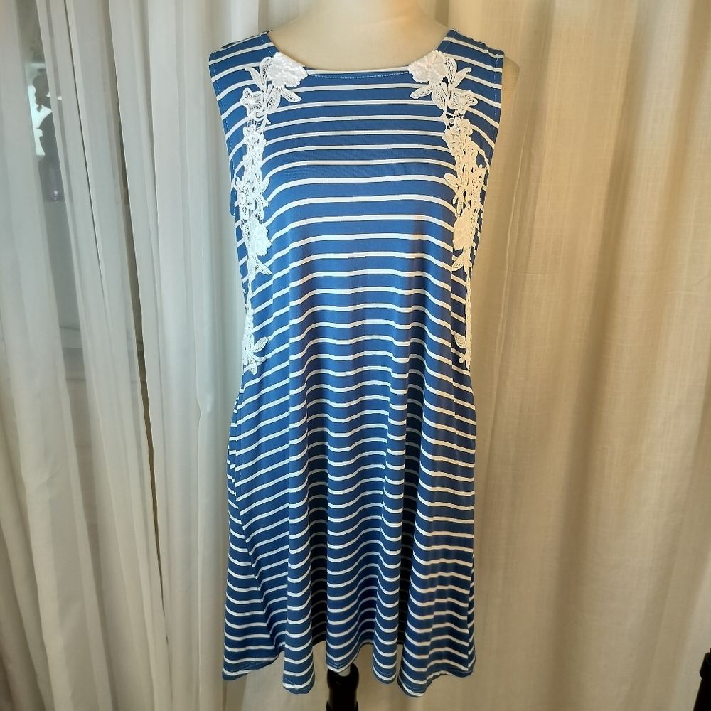 2/$30 Nina Leonard Blue & White Nautical Striped Shift Midi Dress Size M